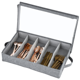 Flatware Storage Case, Silverware Storage Box with 4 Adjustable Dividers, Large Capacity Flatware Utensil Holder Case