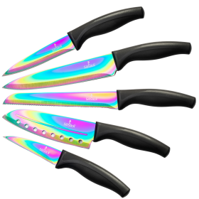 SiliSlick Kitchen Knife Set Titanium Coated Sharp Stainless Steel Rainbow Blades in its Own Sheath